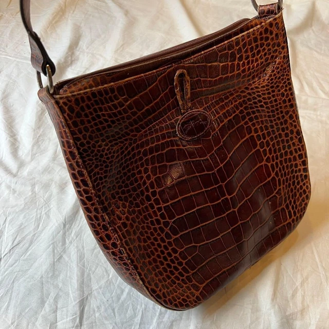 Longchamp Roseau Shoulder Bag Leather Croc Embossed Brown Made in France 5