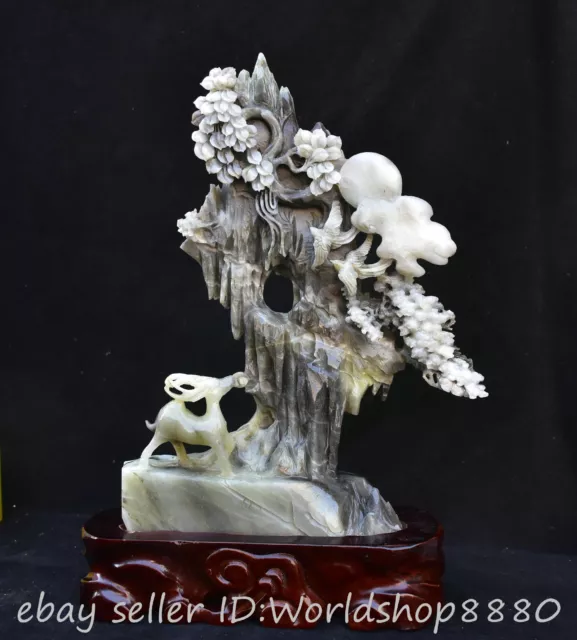 13.4" Chinese Natural Dushan Jade Carved Fengshui Tree Bird Deer Statue