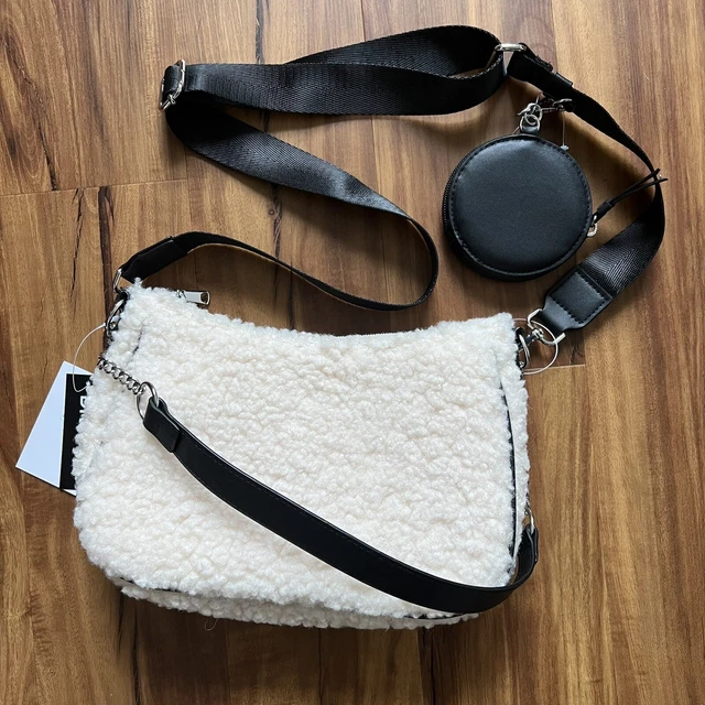 NWT H&M DVIDED off white beige Sherpa crossbody purse with coin purse