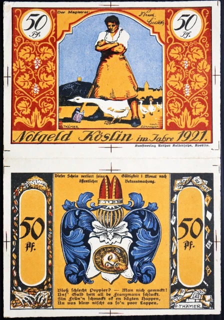 KÖSLIN 1921 TEST PRINT XX-RARE "Goose Executioner" 50 Pfennig German Notgeld