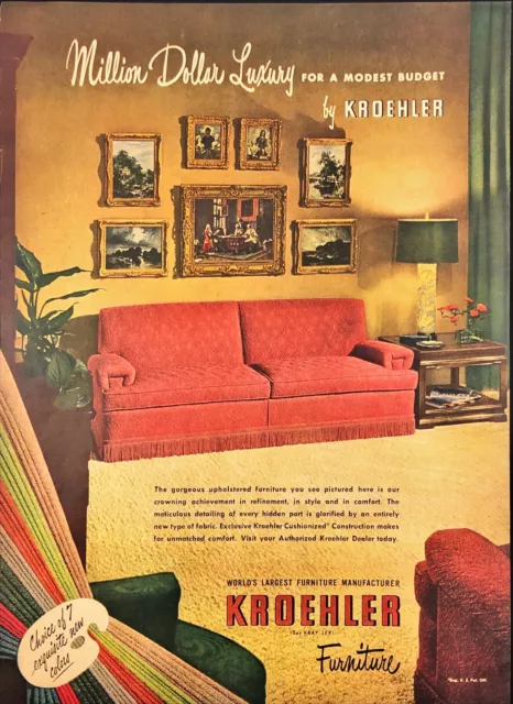 1949 Krohehler Furniture Vintage Print Ad Million Dollar Luxury Couch