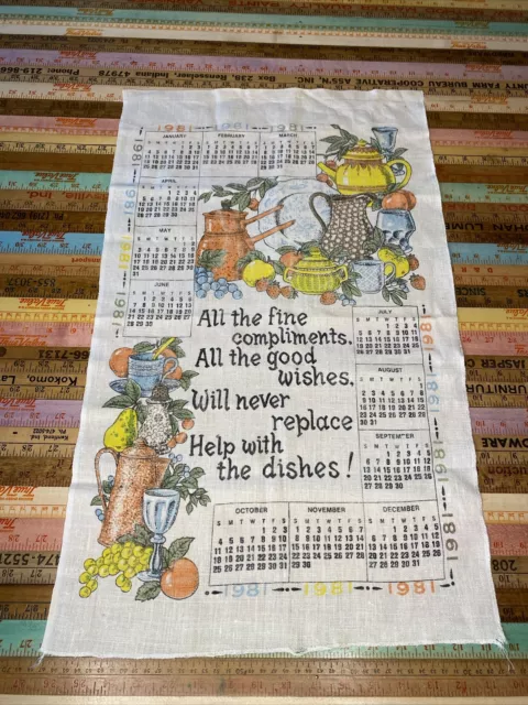 1981  Vintage Tea Towel Calendar Fruit Kitchen LINEN Wall Decor