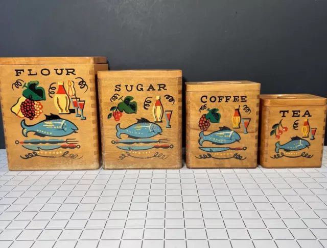 Vintage Wooden Kitchen Canisters Set Coffee Sugar Flour Tea 50s 60s Japan