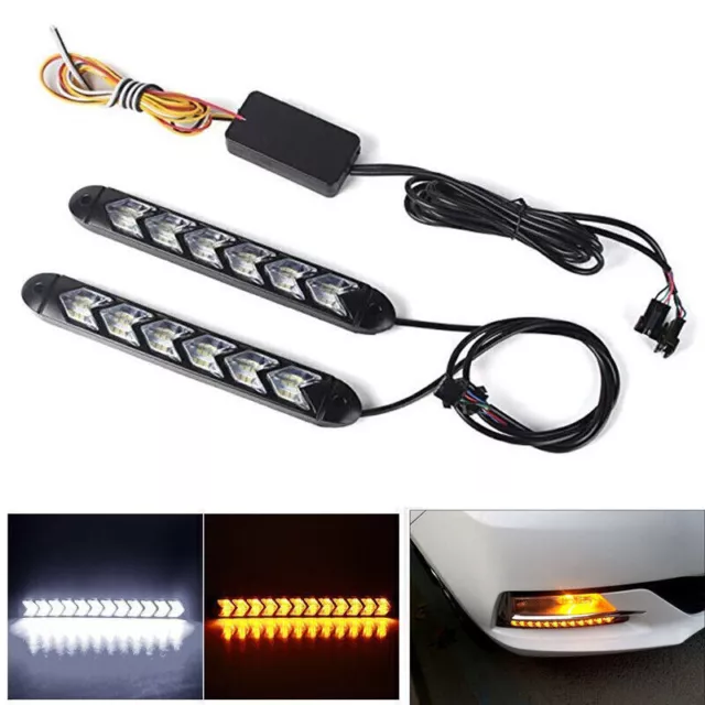 2x 6LED DRL Daytime Running Lamp Strip Light Sequential Turn Signal White+Amber
