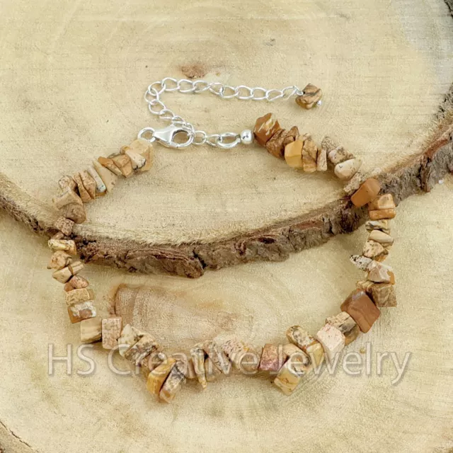 Natural Picture Jasper Chips Beaded 925 Sterling Silver Bracelet for Women