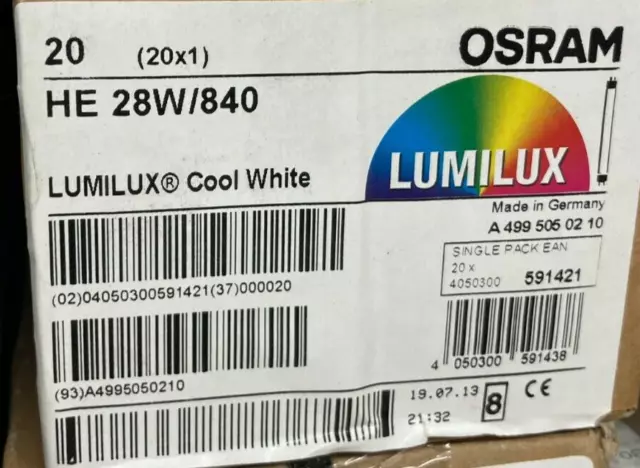 20 X OSRAM Leuchtstofflampe T5 HE 28W/840 Cool White LUMILUX G5 MADE IN GERMANY!