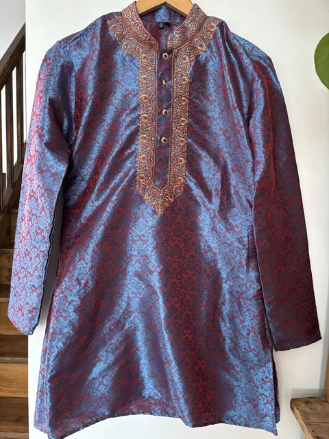 Chemise Kurta Homme 2XL Noir Et Blanc - Coton, Népal, NEUVE Avec étiquettes