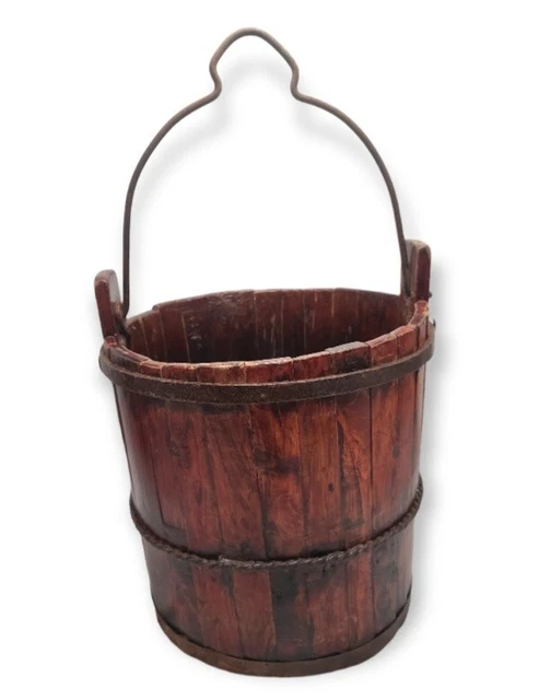 Early Wrought Iron Water Well Bucket Wood Primitive Farm Blacksmith Hand Made