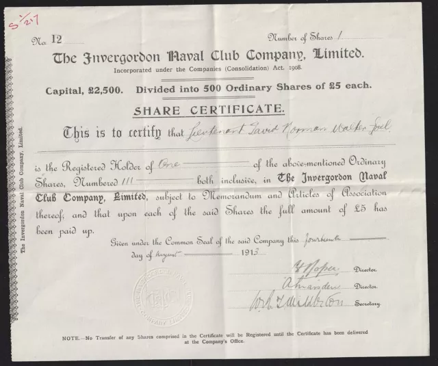 1913 INVERGORDON NAVAL CLUB Co Ltd. £5 Share Certificate to Lt. David .N.W.JOEL