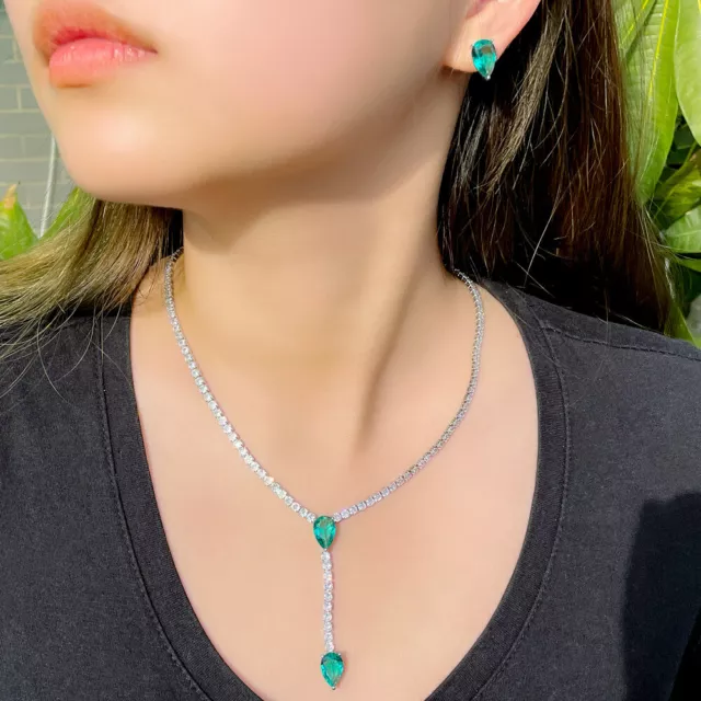 Trendy Silver Plated Green CZ Zircon Crystal Earrings Necklace Women Jewelry Set 2