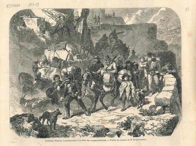 Tyrol tyroliens émigrants avec soldats d'Italie Risorgimento ILLUSTRATION 1866