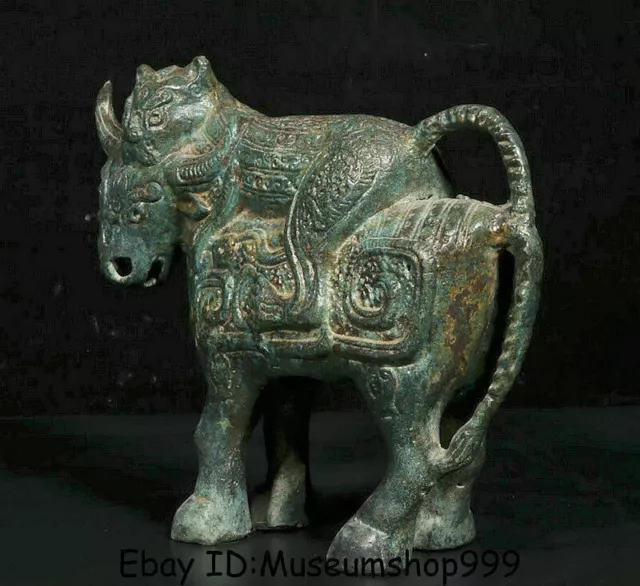 10" Antique Old China Bronze Ware Dynasty Tiger Beast Bull Oxen Cattle Statue 2