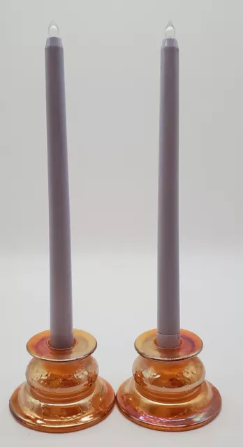 Pair Of Carnival Glass Federal Candle Holders Normandie Marigold