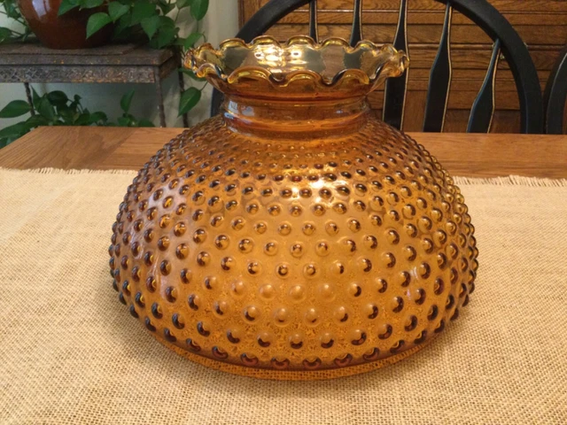 VTG 10 3/4” Fenton Amber Glass Hobnail Parlor Lamp Shade w/Ruffled Pie Crust Rim