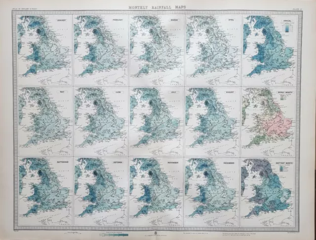 1903 Old Map England & Wales Rainfall January for December