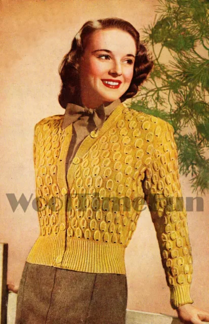 Knitting Pattern Ladies Vintage 1940s Patterned Cardigan. V-Neck/Long Sleeves.