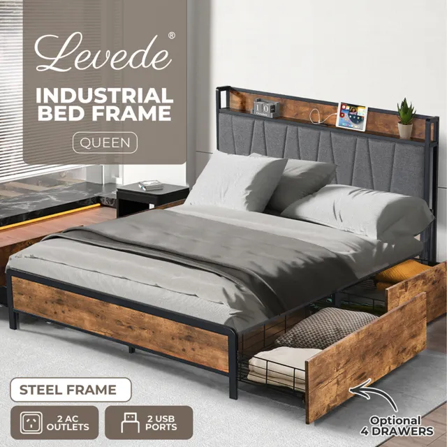 Levede Metal Bed Frame Industrial Queen Storage Drawer Headboard Wood USB Charge