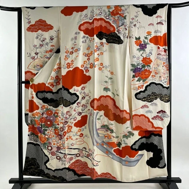 Japanese Kimono Furisode Pure Silk Lined Flower Wheel Unmon Shibori Formal