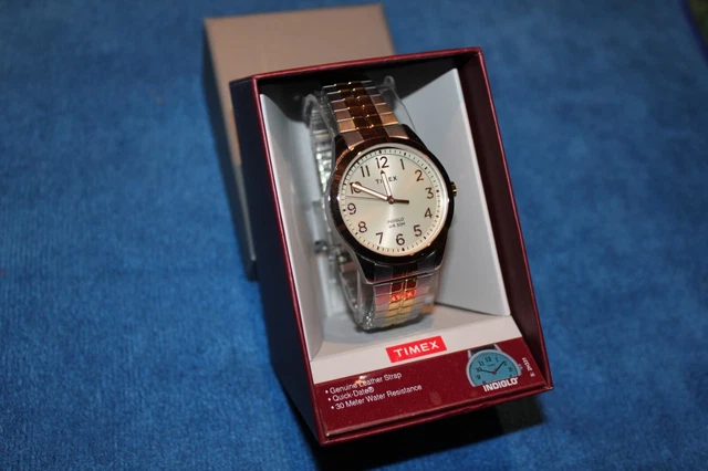 Mens Gold Timex Indiglo WR 30 M Watch Wristwatch with Date + wide stretch band
