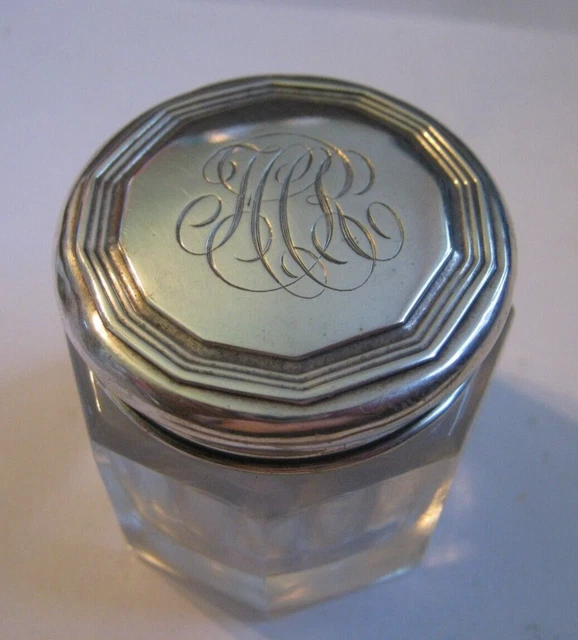 Webster 1910s Sterling & Glass Dresser Jar, Small 1 5/8" Size, Fancy Monogram 1