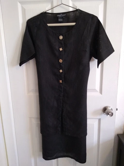 Carole Little Linen Black Dress Short Sleeve Wood Buttons Back Tie size 14