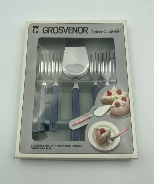 Vintage Grosvenor 7 Piece Cake Set in Original Box Stainless Steel Blue Plastic