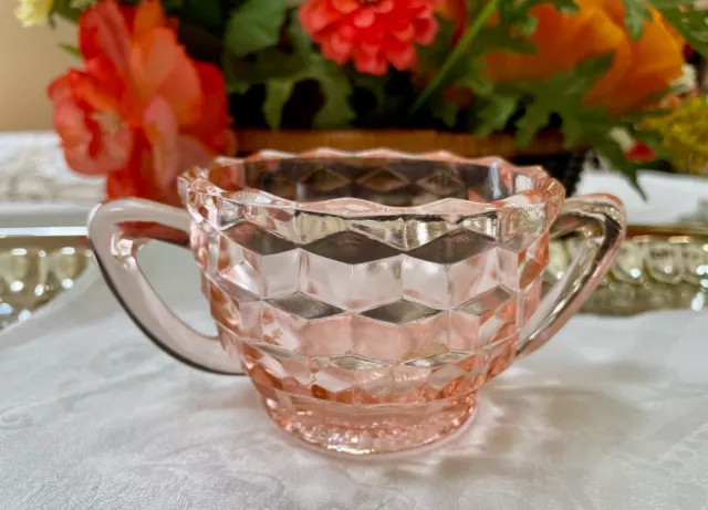 Vintage Jeannette Glass Cubist Pattern Open Sugar Bowl Pink Clear Glass 1950's