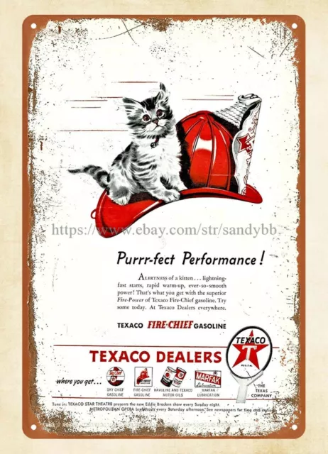 1946 Texaco Gasoline FIRE CHIEF'S HELMET Kitten metal tin sign