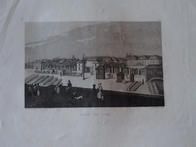 Gravure ANIMEE  VUE PARIS HALLE AUX VIN QUAI SAINT BERNARD CUVIER  SEINE 1820