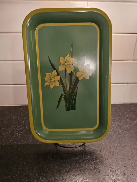 VTG Green Metal Serving Tray With Yellow Daffodils