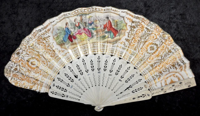 Abanico De Finales Del Siglo Xix Con País De Papel Litografiado Y Pintado