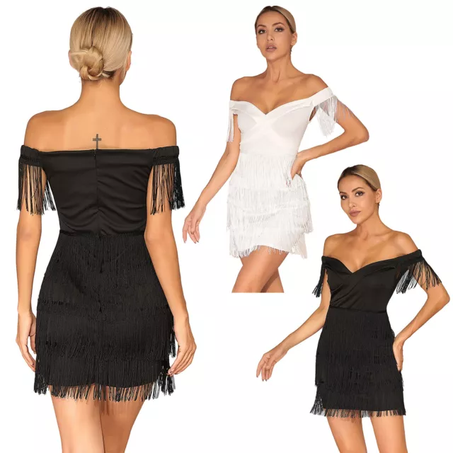 Women's Elegant Off Shoulder Fringed Flapper Cocktail Dress Latin Dance Costume