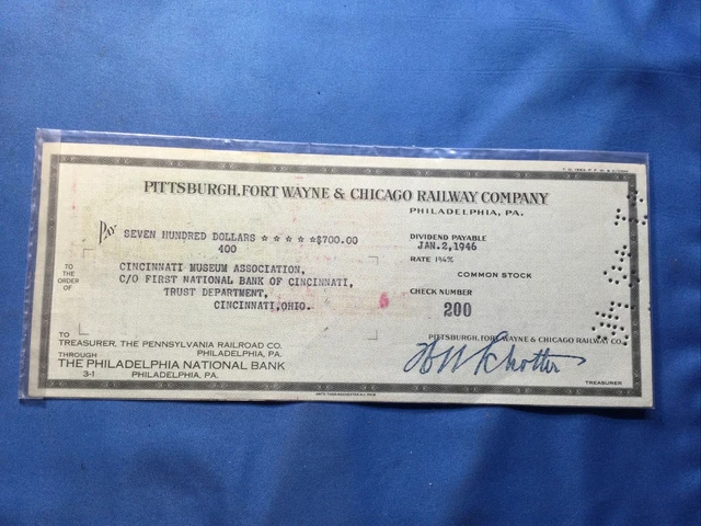1946 Pittsburgh Fort Wayne & Chicago Railway Co.philadelphia National Bank Check