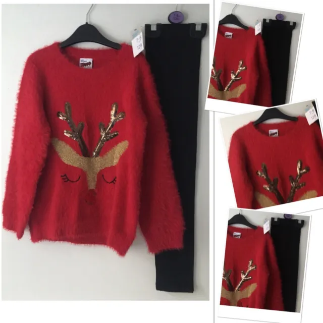 FF girls soft fluffy reindeer xmas jumper  exc u & new prk leggings 7-8 Years