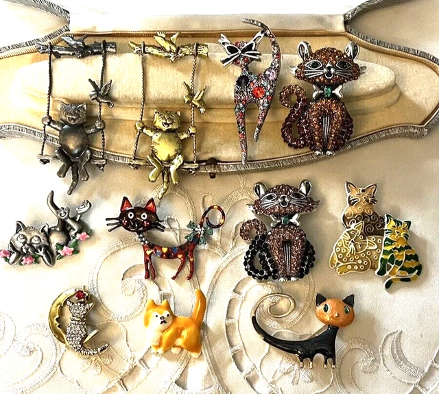 Lot De 2 Broches Chat Dorées - Chats Blanc Et Noir Style épingle Nourrice - Acier Inoxydable - Neuf Avec étiquettes