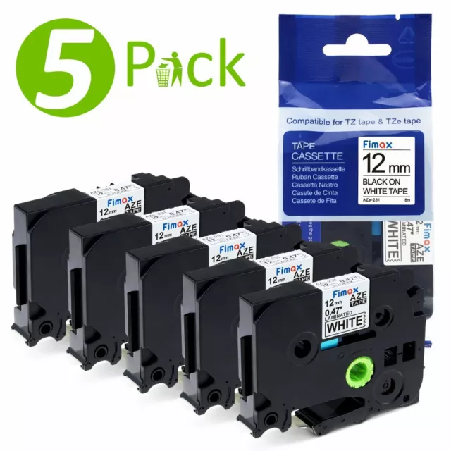5 PK TZ-231 compatible Brother Black on White P-Touch Label Tape 12mm 1/2‘’ 8M