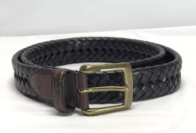 DOCKERS Men's Brown Leather Adjustable Braided Woven Belt Size 32 Brass Buckle