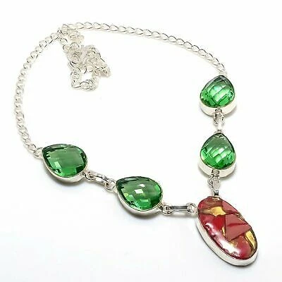 Spiny Oyster Red Turquoise, Apatite Ethnic 925 Sterling Silver Necklace 18" R153