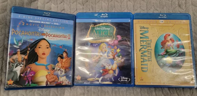 Lot of 4 Disney Blu Ray- Alice in Wonderland, Pocahontas 1 & 2, Little Mermaid