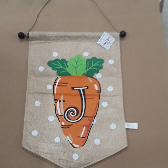 Spring Easter "J" Monogram Carrot Burlap House Flag with Pole NEW