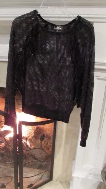 Sam Edelman Black Fringed Mesh Blouse Sz M Retail $99.00