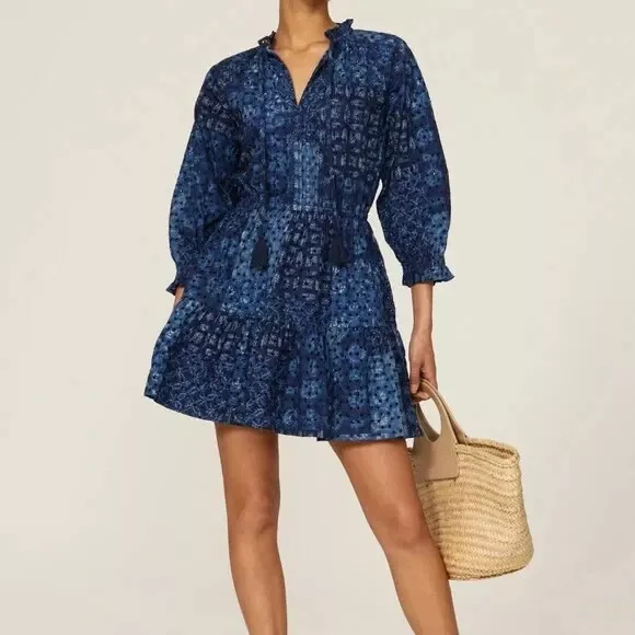 NWT Lauren Ralph Lauren Eyelet Puff Sleeve Tiered Patchwork Dress Blue - Size 16