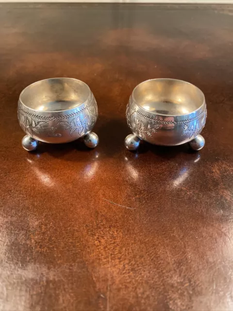 Two (2) 1882 English Sterling Silver Salts w/Three Ball Feet and No Monogram