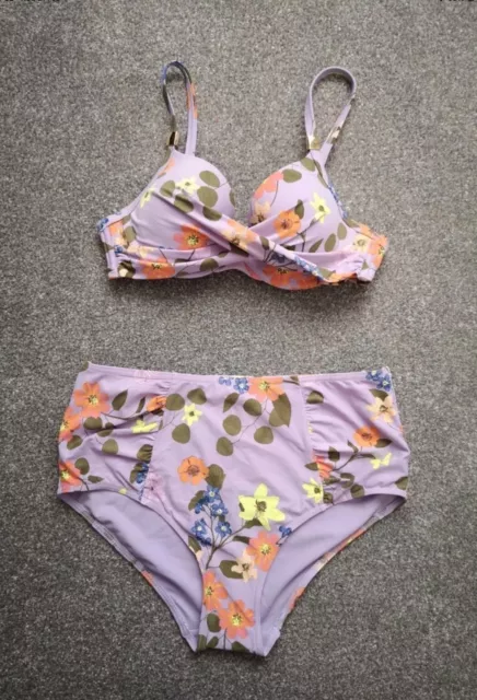 BNWOT M&S Lilac Floral Bikini Swimsuit Swimming Costume Size 34B 10 Bottoms