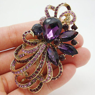 Charming Purple Flower Bouquet Gold-plated Pendant Brooch Pin Rhinestone Crystal