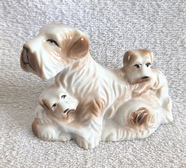 Vintage Ceramic Schnauzer Scotty Dog With Pups Figurine Made In Japan