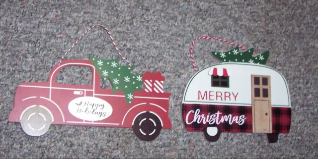 Farmhouse 2 Wall Plaques Red Truck And Camper Merry Christmas Plaques NEW