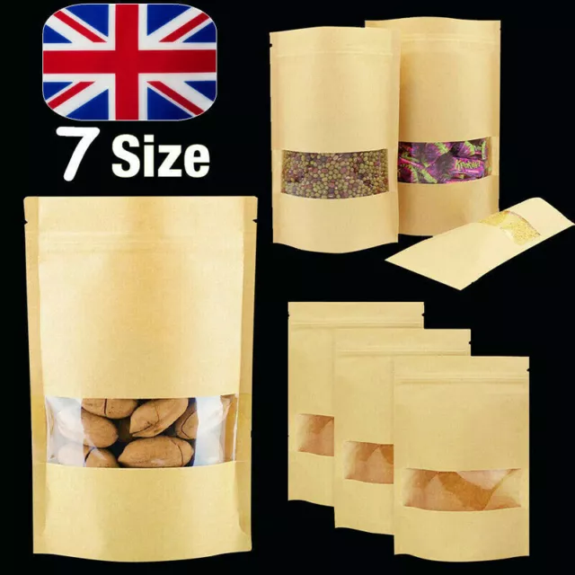 100x Kraft Paper Zipper Bag Window Display Stand Up Pouch Resealable Heat Seal