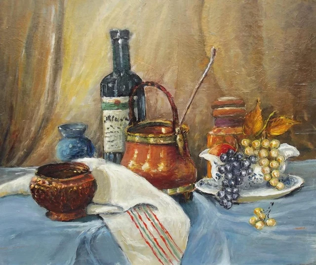 DUMONT Vintage French Impressionist Still Life Oil Painting FRUIT & KITCHENALIA