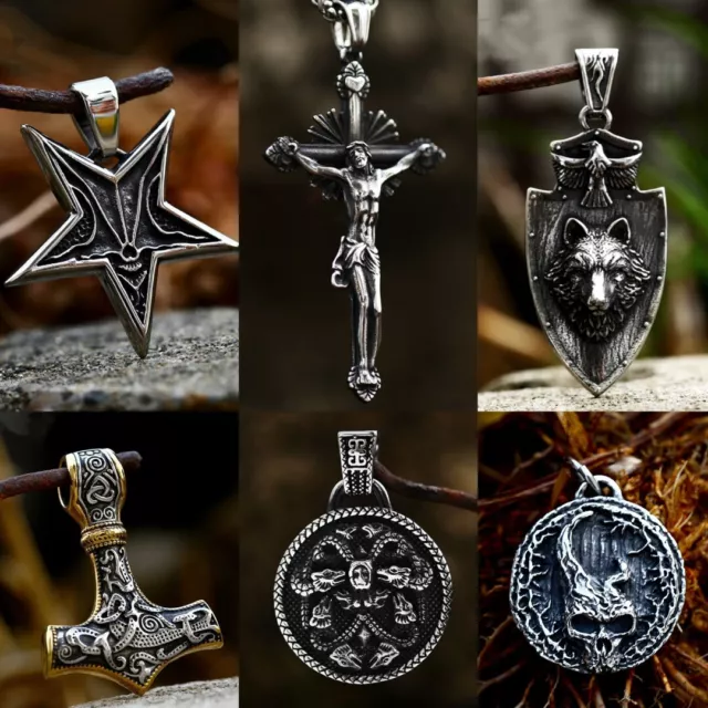 Men's Silver Viking Wolf / Skull / Jesus Cross Pendant Necklace Stainless Steel